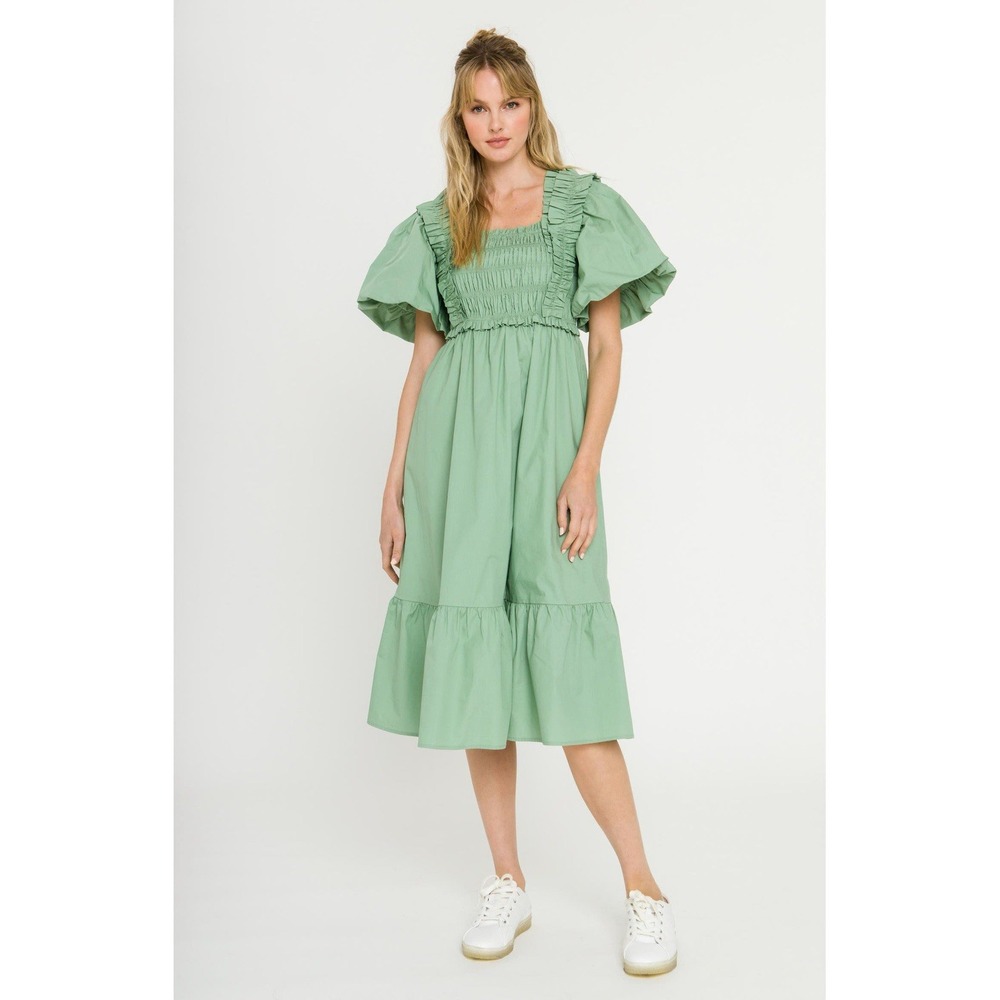 ANTHROPOLOGIE ENGLISH FACTORY Women's SMALL New Midi Dress Smocked Ruffle Green